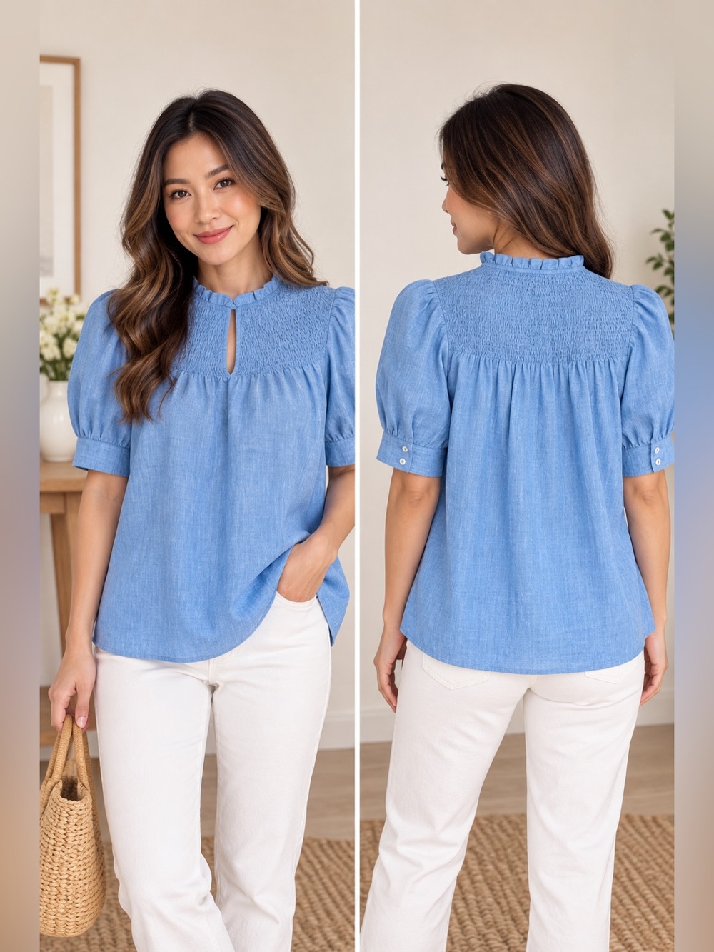 NWT Talbots 100% Linen Blue Smocked Puff Sleeve Blouse Top XS